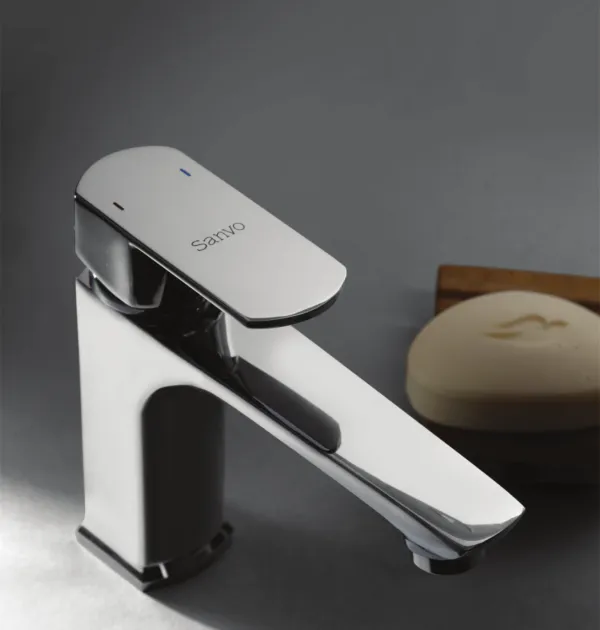 Sanvo Cubix Prime single lever basin mixer with squared paddle handle on a dark background